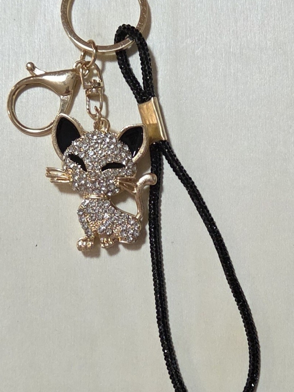 Crystal Encrusted Kitten Purse Charm Wristlet Lanyard Keychain Gold & Black - Picture 2 of 12